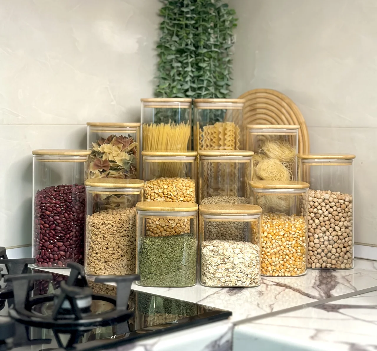بانکه حبوبات مربع پیرکس درب چوبی قطر 10 در 7 ارتفاع متنوع